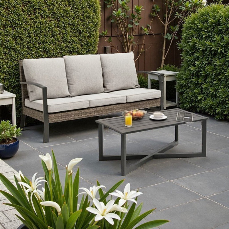 Ensemble de conversation invitant en osier avec coussins moelleux et table basse Détendez-vous dans un style intemporel, Gris