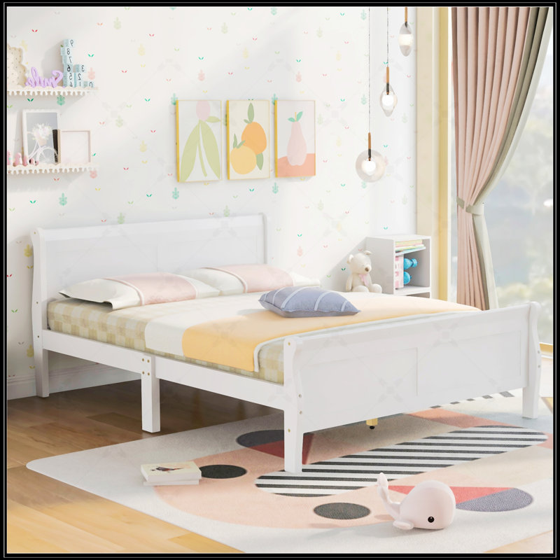 Lit plateforme en bois avec tête de lit et lattes en bois, Lit double, Blanc