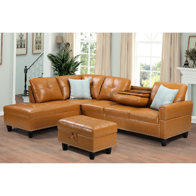L-Shaped 3 Faux Leather With , Four Seater, Ginger Main Color, Foam Filled Cushions, Solid Wood Frame, Low-Profile Legs, Rounded , Style, Nailhead Trim, Cup Holders Sectional Seating Four, Cushion