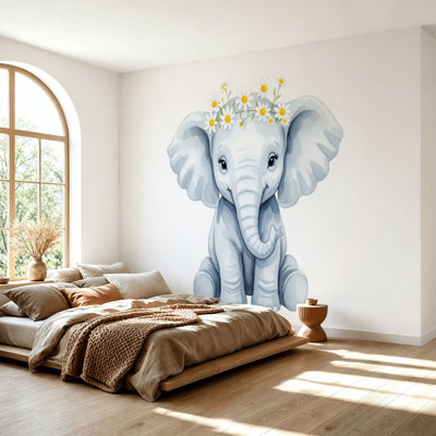 Papier peint adhésif autocollant Magnifique portrait animalier aquarelle mignon bébé éléphant floral papier autocollant amovible pour décoration murale de salon H 69 po x l 96 po