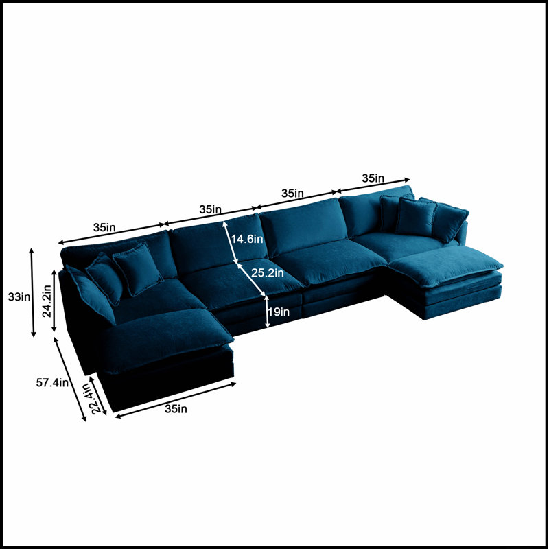 Canapé confortable en forme de U avec méridienne réversible, conception modulaire, grand repose-pieds double et tissu bleu doux