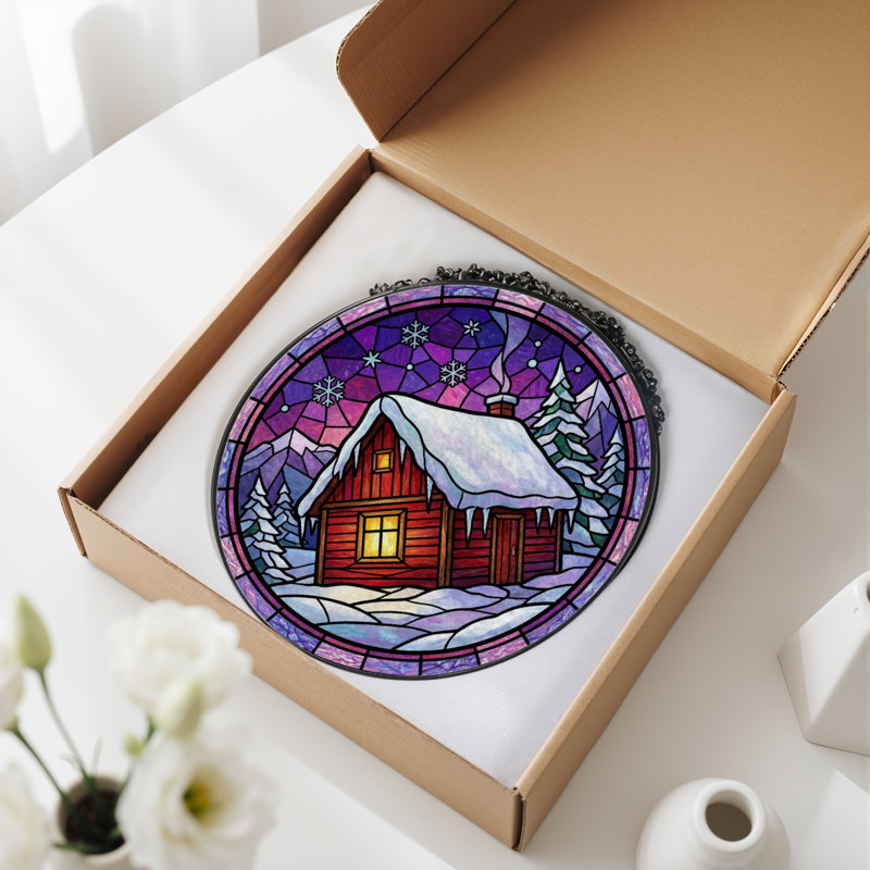 12"H Winter Cabin Stained Glass Window Panel, 12" H x 12" W