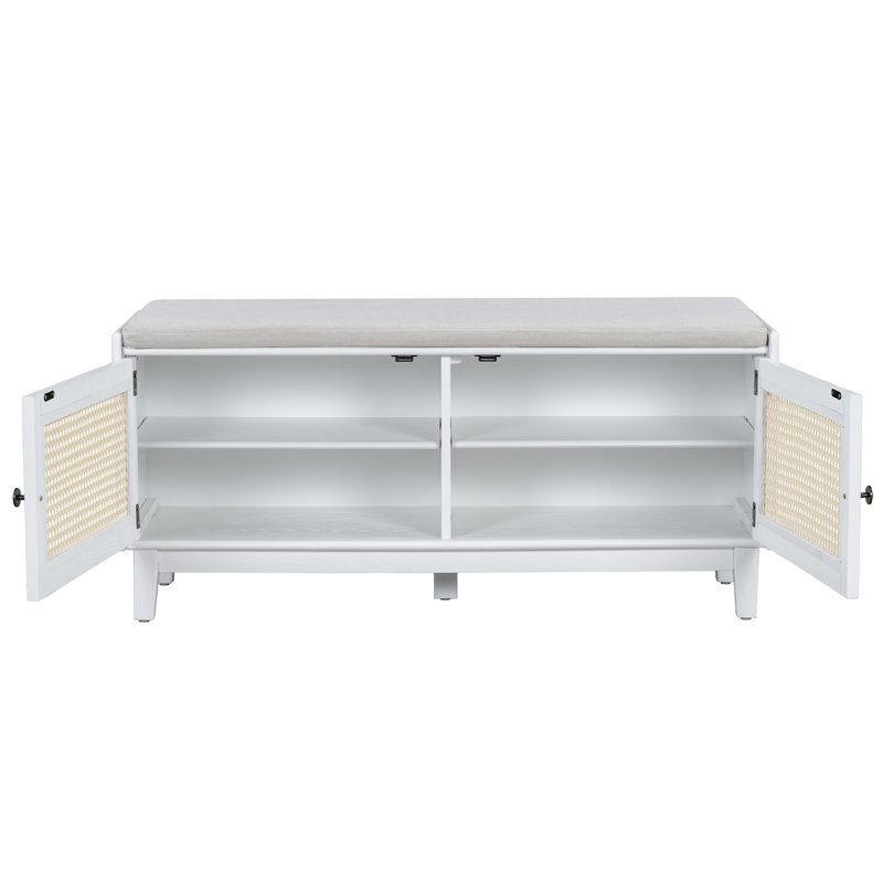Banc en rotin avec rangement Boho, Blanc