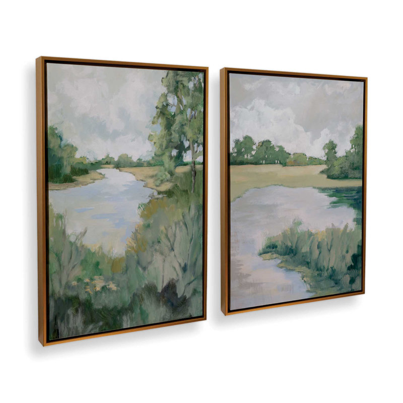 Ensemble de 2 impressions sur toile Peaceful Riverside, H 37 po x l 50 po x P 1,75 po, Cadre flottant or poli