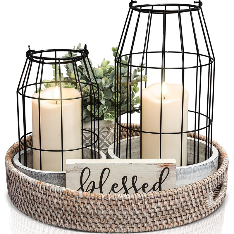 Rustic Farmhouse Lantern Decor Set of 2 – Stylish Indoor/Outdoor Decorative Lanterns for Living Room, Fireplace Mantel, Dining & Coffee Table