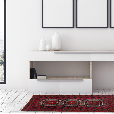 Tapis décoratif en laine rouge/bleu foncé de conception unique 3 pi 3 po x 6 pi noué à la main new age rizbaft