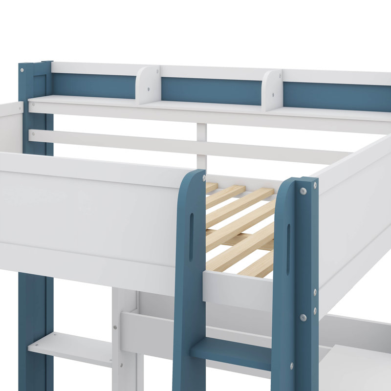 Lit mezzanine double avec tablettes, tringles à vêtements et bureau, Blanc et bleu
