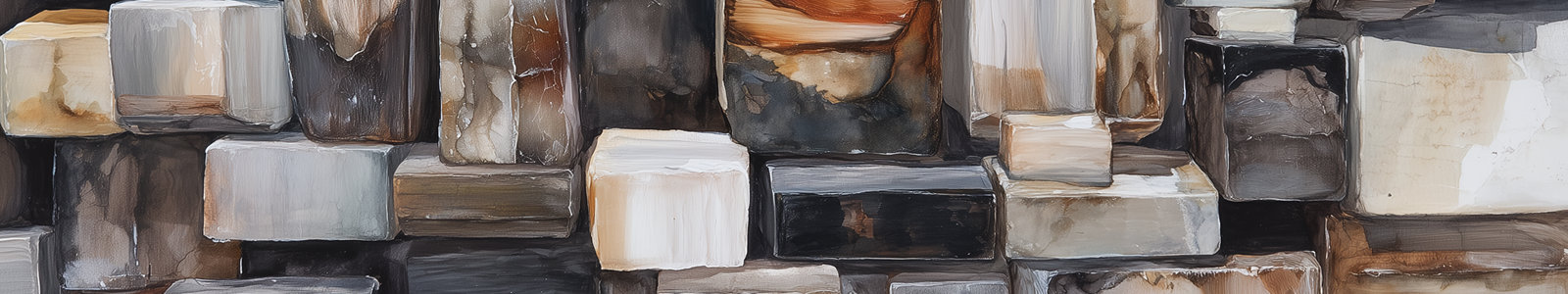 Abstract oil painting featuring a dense, layered composition of rectangular blocks in varying shades of gray, beige, white, and earthy brown with textured brushstrokes.