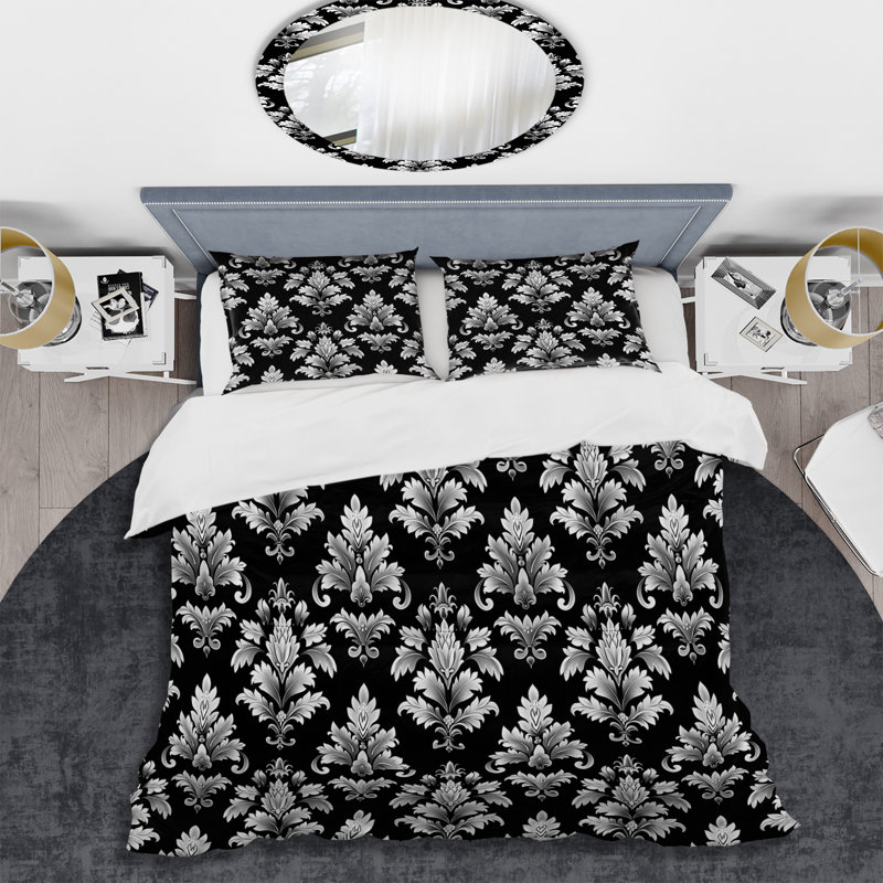 Black Damask - Transitional Duvet Cover Set, King Duvet Cover + 2 King Shams