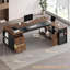 Bureau de direction 71 po avec classeur verrouillable, bureau en L avec prises de courant, bureau d'ordinateur réversible avec écran d'intimité et tiroirs, noyer