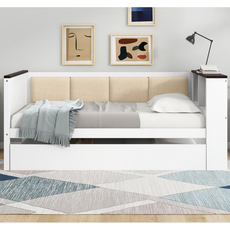 Twin Size Wood Daybed With Storage Shelves, Upholstered Backrest,USB And Trundle, White, Twin