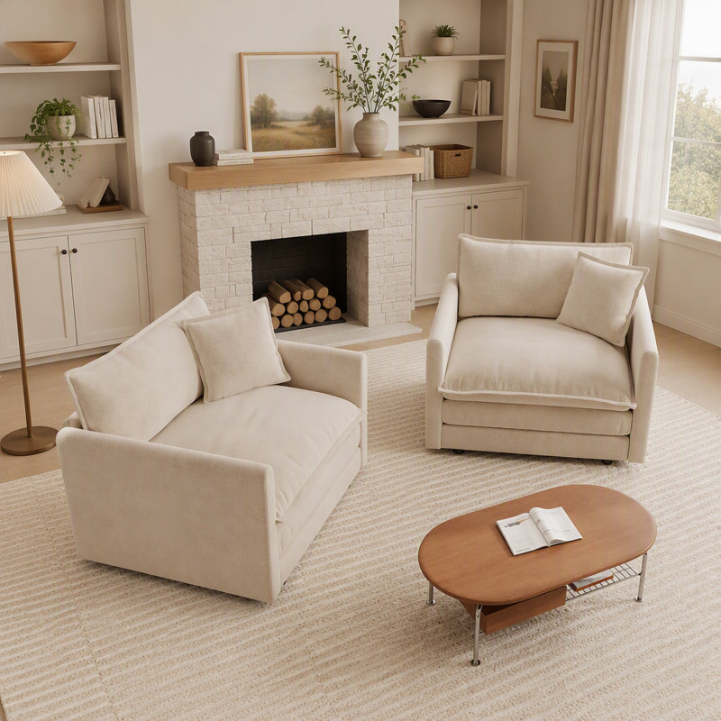 Ensemble de 2 chaises d'appoint, fauteuils rembourrés en chenille haut de gamme, chaises d'appoint de salon avec coussin décoratif, chenille café clair