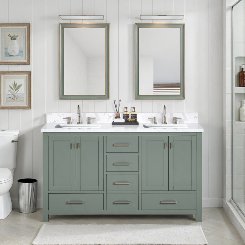 Modero 60" Double Bathroom Vanity with Top, Brushed Nickel, Smoke Green, Cala White