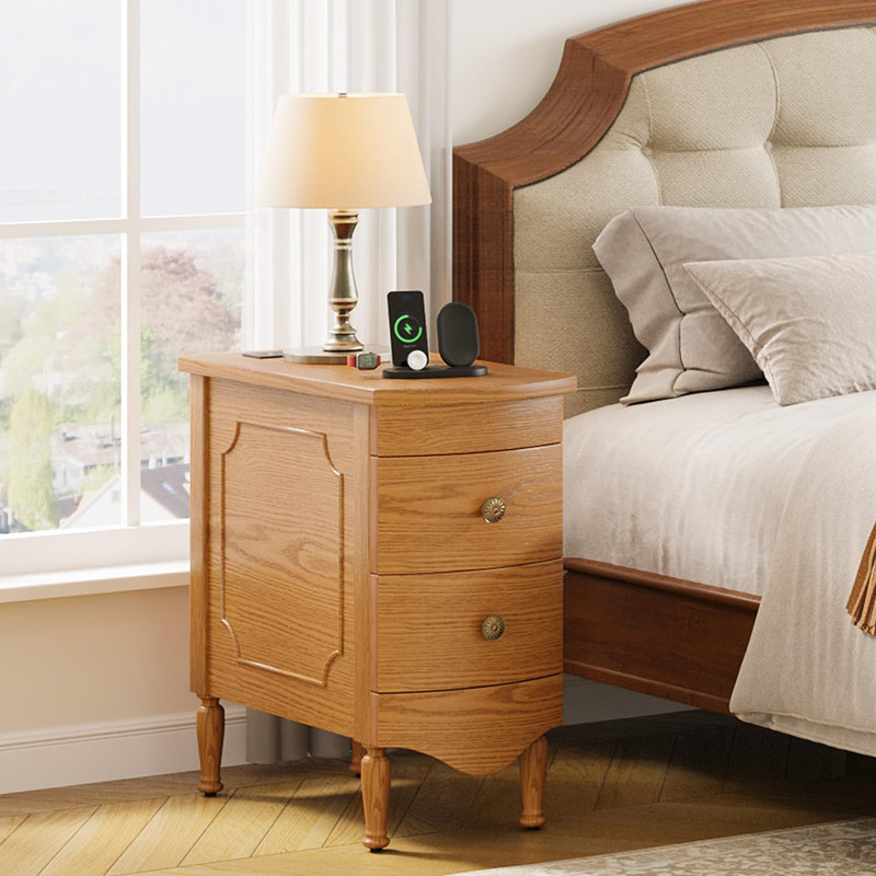 Narrow 2 Drawer End Table With Charging Station, Light Walnut
