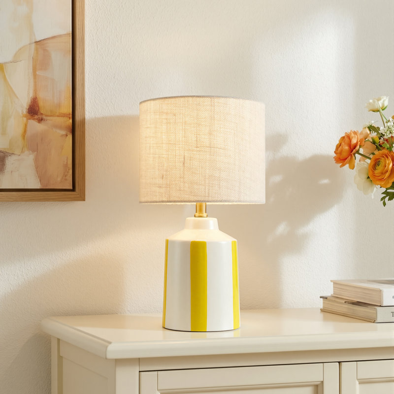 Modern Yellow Ceramic Table Lamp With Linen Drum Shade, 17.75" H x 10" W x 10" D