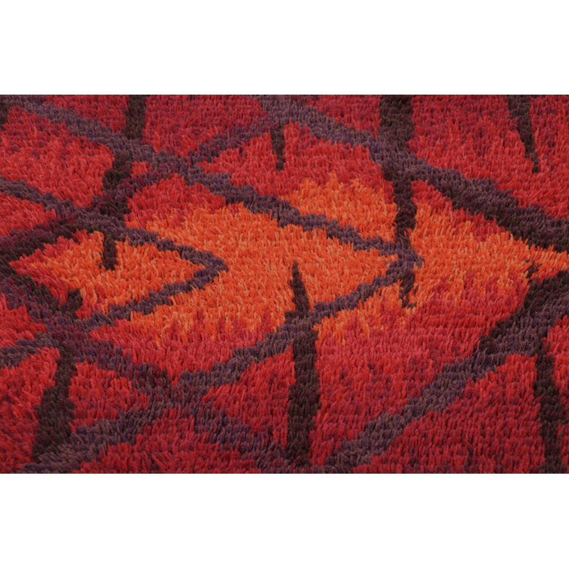 Vintage Swedish Rya Runner Rug, Bold Scandinavian Geometry In Red - Rug & Kilim