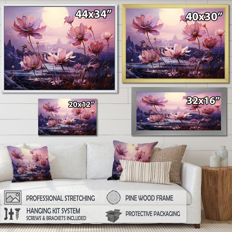 Harmonious Violet Flowers Field II sur impression sur toile, Cadre flottant doré, H 16 po x l 32 po x P 0,5 po