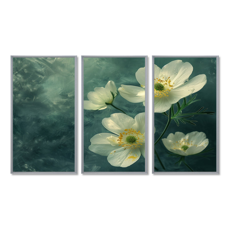 «White Green Buttercups Reflection» 3 pièces, Encadrement argenté, H 32 po x l 48 po