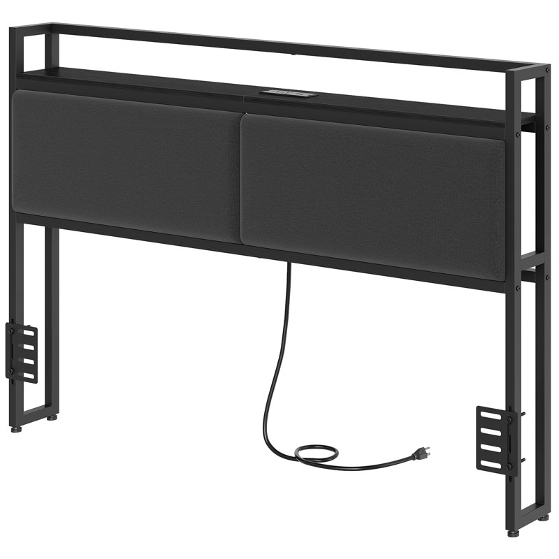 Upholstered Headboard Metal Frame with Charging Station and Storage, Queen, Black