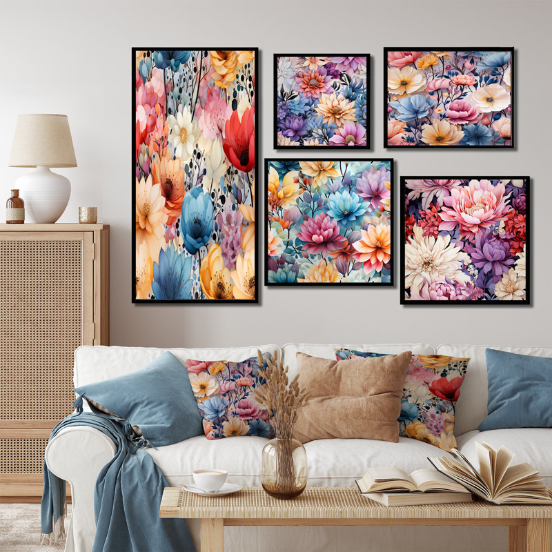 Etter - Ensemble de 5 impressions sur toile florales, Cadre flottant noir