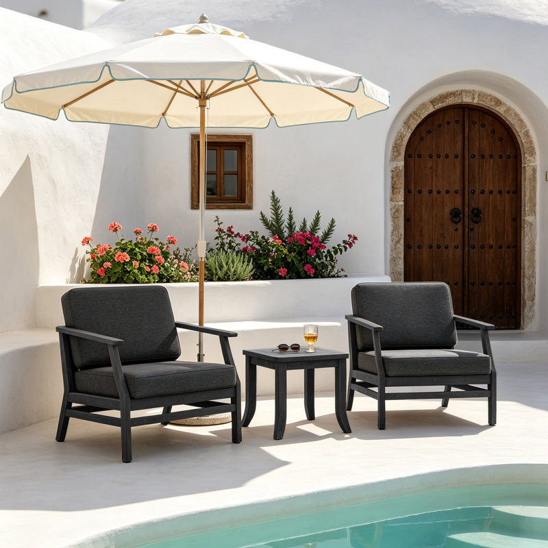 Ensemble de patio extérieur en teck pour deux personnes avec coussins et table d'appoint Polett, 3 pièces: 2 chaises, table