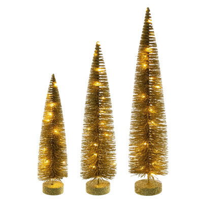  16"-20"-24" Gold Lit Bottle Brush Tree Set.