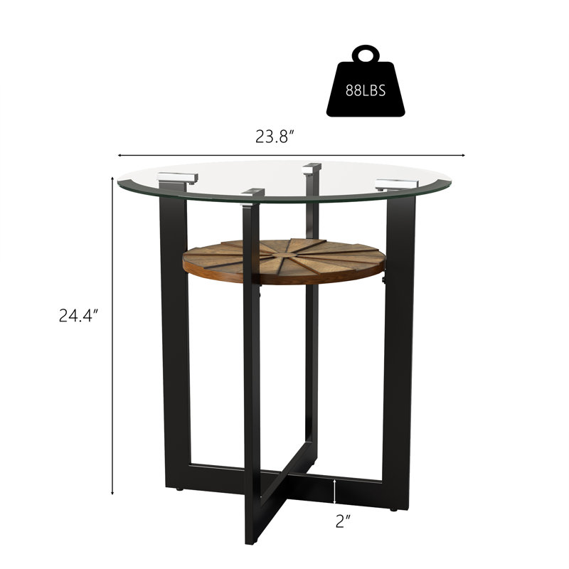 Table de bout ronde en verre trempé avec tablette en bois et pieds croisés en fer