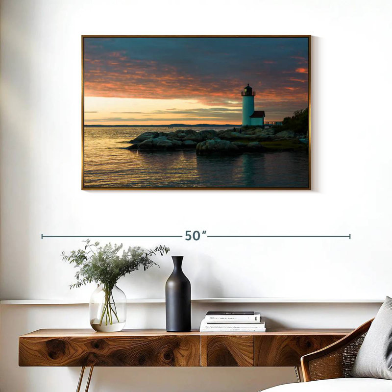 Coucher de soleil sur le phare d'Annisquam, Cadre flottant doré, 37 po x 25 po
