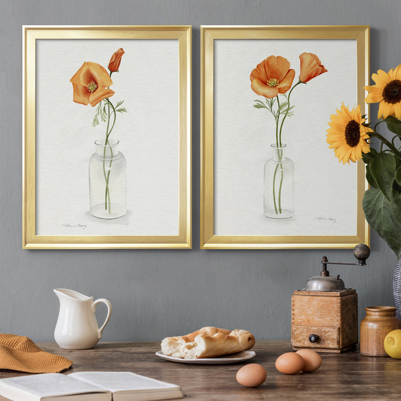«California Poppy Vase I», reproduction encadrée de qualité supérieure - prête à être accrochée, Cadre doré