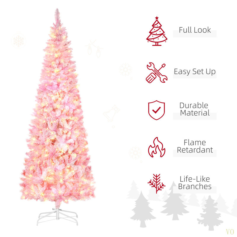 Arbre de Noël artificiel enneigé 7,5 pi avec forme de crayon, branches réalistes en pin, lumières DEL chaudes, ouverture automatique