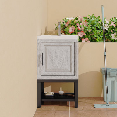 Petit meuble-lavabo de 20 po avec lavabo et robinet d'eau chaude / froide, armoire autoportante avec cuve en céramique blanche, 1 porte + tablette en fer ouverte, rangement