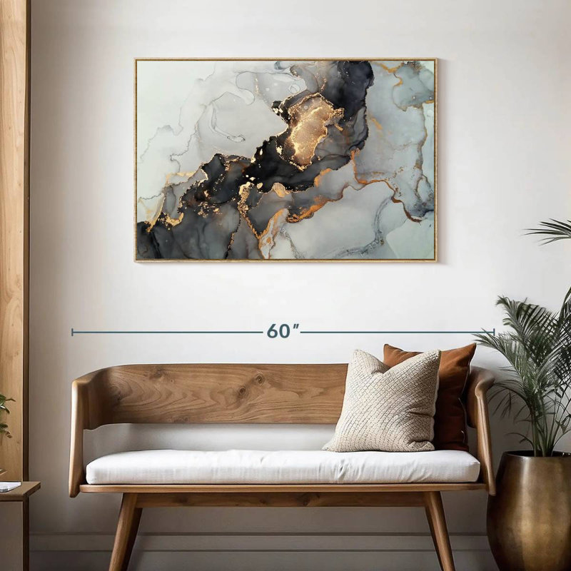 Éclaboussure noire et dorée, Cadre flottant en bois naturel, 43 po x 29 po