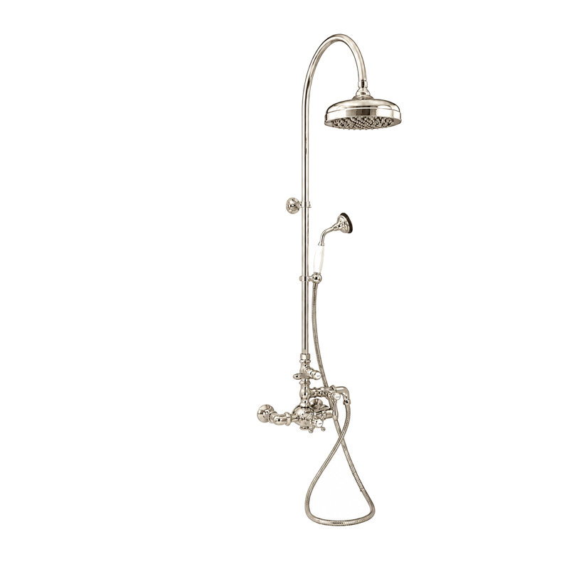 Système de douche thermostatique exposé 60 po mural avec douche à main 1,75 GPM et poignées levier / croix, Nickel poli
