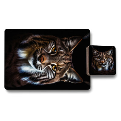 Lynx Wild Cat Placemat Coaster Set Of 12 With Wood Bottom Designer Art