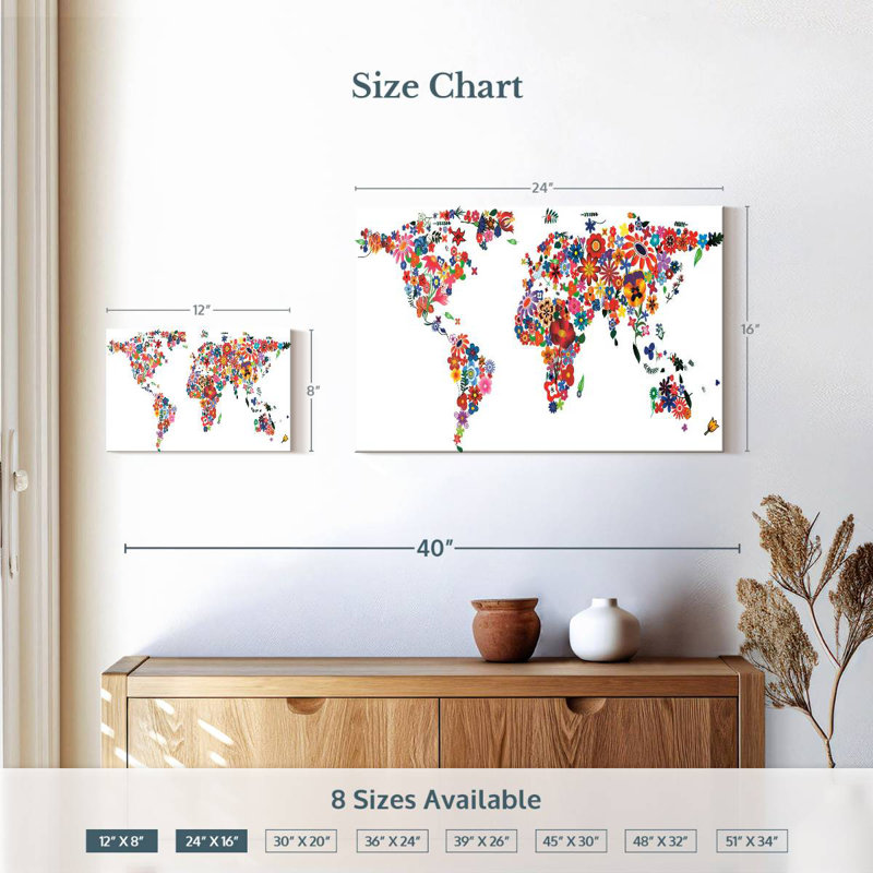 Harnek Flowers World Map, 16" H x 24" W