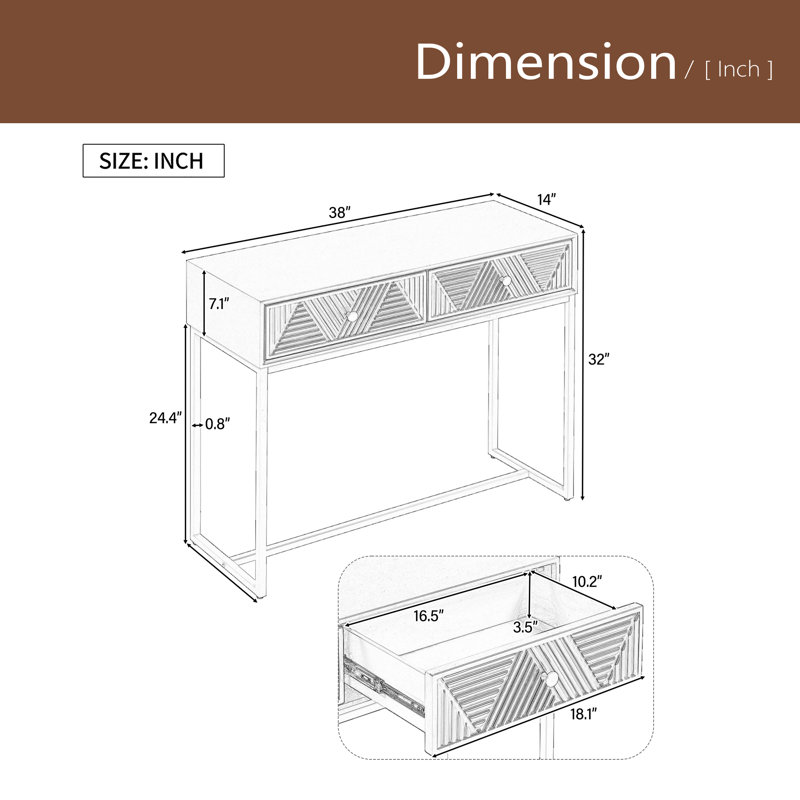 Console pour vestibule, console élégante et moderne avec rangement, console étroite avec deux tiroirs à rayures pour le salon
