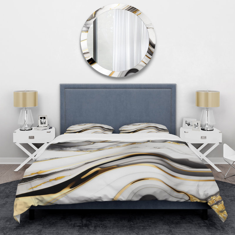 Ensemble de housse de couette Abstract Geode Marble Waves Grey IV Bedding, Housse de couette pour grand lit et 2 taies décor