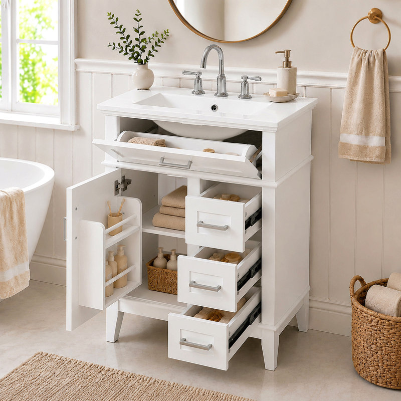 Meuble-lavabo de 24 po avec lavabo en céramique, structure en bois massif et armoire en MDF, 1 porte, tiroir rabattable et 3 tiroirs, charnières à fermeture en douceur, tablette réglable, poignées argentées
