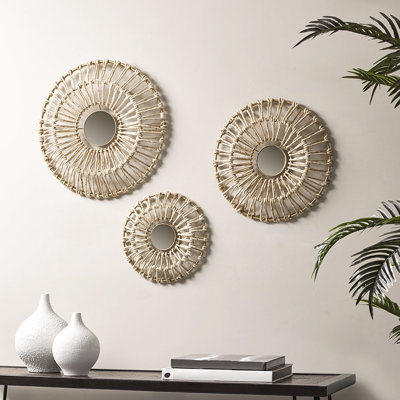 3 Natural Fiber & Mirror Wall Decor By - Home Accessories 20.5", 17.25", 13.25" Diameter Corn Husk Wrapped, Focal Point With And Decorative Object Gathered, Accent, Convenient Mounting