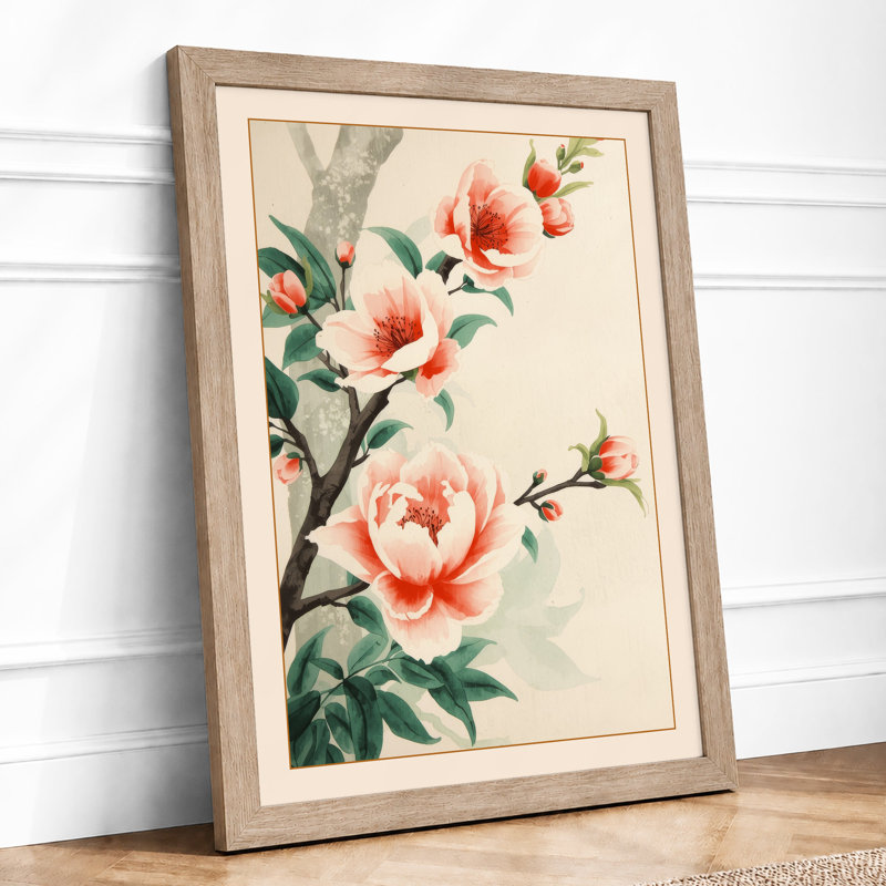 Flowering Branch in Coral Botanical - Framed Print, Oak, A4 - 29.7 x 21.0 cm