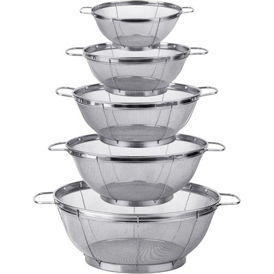 5 Pack 18/8 Stainless Steel Colander Sieves, Multi Size Mesh Strainer Baskets with Handles and Resting Base for Draining, Rinsing, Steaming