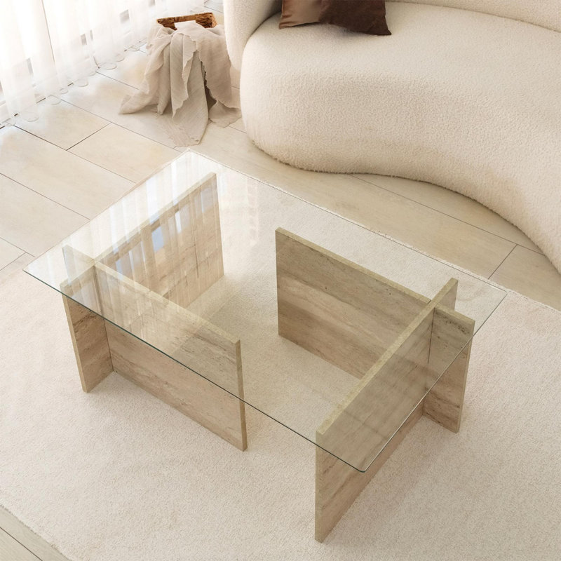 Table basse moderne, couleur travertin, 41,3 po x 15,7 po x 25,6 po | 100% plateau en verre et 100% panneau de particules recouvert de mélamine, épaisseur: 0,7 pouce | Design élégant en marbre pour le salon et les espaces contemporains