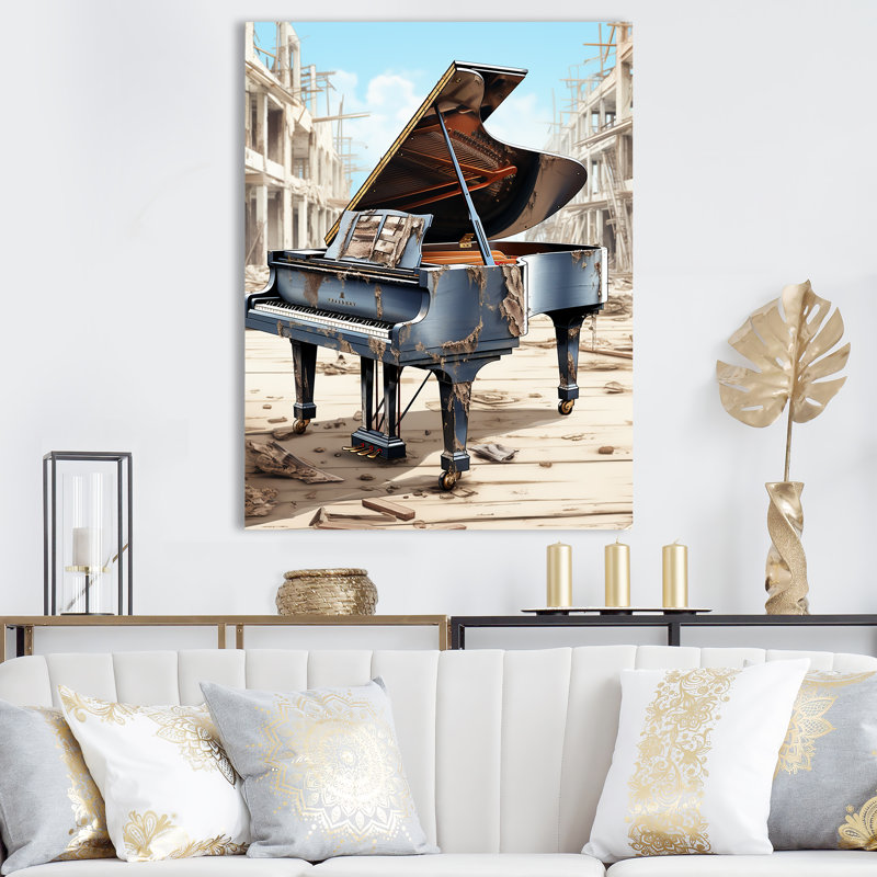 Elegant City Black Piano - Piano, art mural, Toile tendue, H 32 po x l 16 po x P 1 po