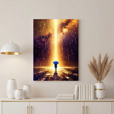 Golden Light Rainfall With Umbrella Figure Canvas Wrapped Wall Art Oil Painting Print Set Of 1