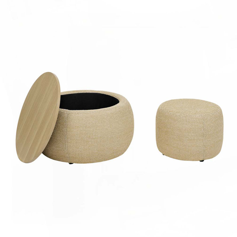 Ensemble de 2 repose-pieds ronds en chenille avec rangement et petit tabouret en forme de tambour