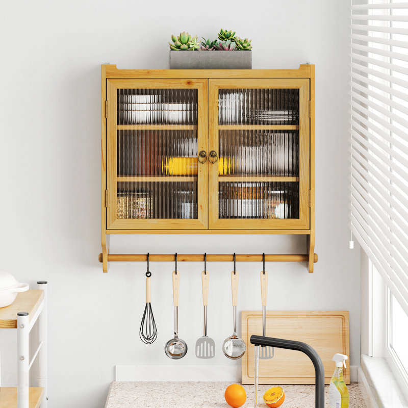 Armoire murale 24,8 "à deux portes avec trois niveaux de rangement et porte-serviettes, Naturel