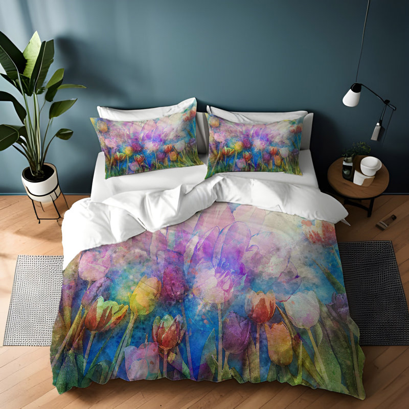 Polyester Floral Duvet Cover, King Duvet Cover + 2 King Shams