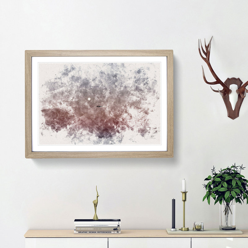 Airplane Passing The Moon Watercolour - Single Picture Frame Print on MDF, 62cm H x 87cm W x 2cm D, Oak Framed