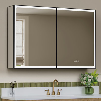 32" H X 48" W Rectangular Black Aluminum Frame Surface/Recessed Mount Medicine Cabinet with Mirrors, Anti‑Fog, Tri‑Color Dimmable Lights and Adjustable Glass Shelves for Bathroom