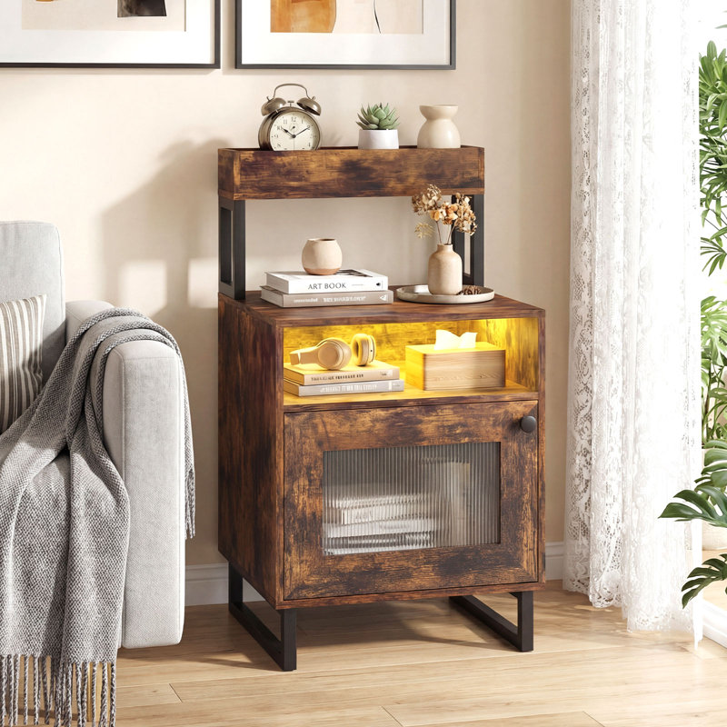 Table de chevet 2 pièces avec lumières DEL, table de bout moderne avec plateau supérieur, brun rustique à compartiment ouvert
